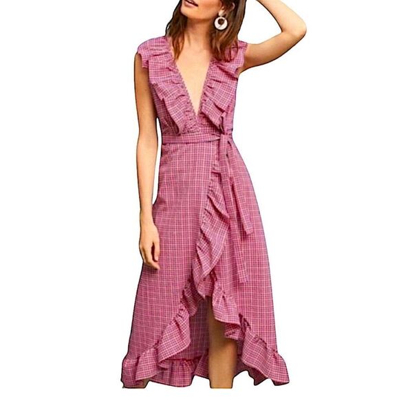 MISA Los Angeles Stella Gingham-Print Draped Ruffle Midi Wrap Dress Pink - Picture 2 of 16